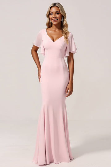 Mermaid Chiffon V-Neck Candy Pink Long Bridesmaid Dress with Sleeves